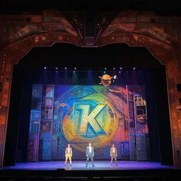 photo of a huge theaterstage, play is bladerunner, 3 actors on stage, 8 k, multicolored, exaggerated detailed, long shot