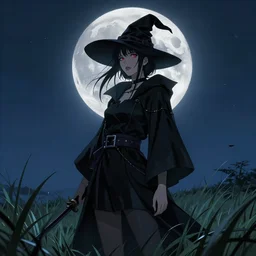 cyberpunk young witch in a black robe standing in the grass withn full moon in the sky over her head, detailed face, highly detailed, by frank frazetta and boris vallejo