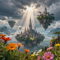 whimsical islands in the sky, close up sprawling fantasy city, storm clouds, god rays, flowers close up in foreground, max rive, 4 k, instagram, landscape, hdr