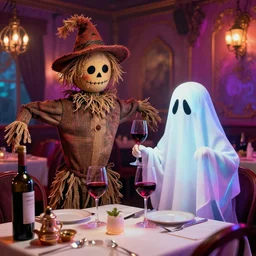 scarecrow and a ghost are drinking red wine in a fancy restaurant. folk horror art style. day glo colours. highly detailed.