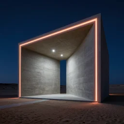 big concrete structure in the desert at night, neon lights, minimalist architecture, james turrel,