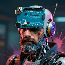 Beautiful Photo of Arduino Uno in the robot's head. beard man. Cyberpunk. splatterpunk. 4K