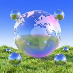 pre - 2 0 0 0 s, 9 0's era cg render of a world with chrome orbs, grassy hills and blue sky. slick futuristic looks, gradients, translucence, and blobitecture. vaporwave, futurism, cyber y 2 k