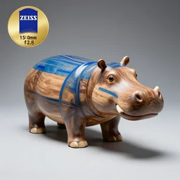 epoxy resin, full subject shown in photo, a photo of a model hippo made of repurposed elm wood composite mixed with straight lines blue epoxy resin, wood, award - winning photo, dramatic lighting, studio zeiss 1 5 0 mm f 2. 8 hasselblad