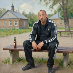 vin diesel in an adidas suite sits on a bench with a bottle of beer in the courtyard of a provincial russian town, oil on canvas, naturalism
