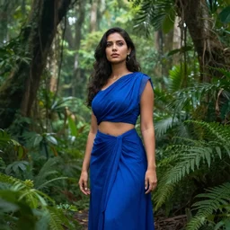 beautiful model standing in a epic jungle wearing blue cloths