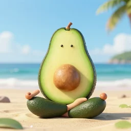 3 d render of an avocado sitting in deep meditation on the beach