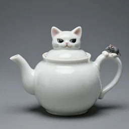 a creepy white porcelain tea kettle, with it's lid shaped like a creepy happy cat head, it's handle shaped like a cat tail and it's spout in the shape of the cat paws, at the end of the spot there is a gray mouse. hyperreal, and intricately detailed