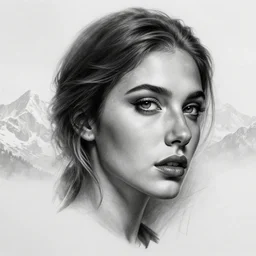 tattoo design sketch of an extremely beautiful woman face with a faded background of beautiful mountains on her side, hyper - realistic, in the style of matteo pasqualin, amazing detail, black and white, faded