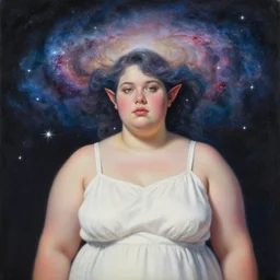 a chubby woman with pointed ears, wearing a white sundress, and a swirling sparkling cloud galaxy nebula for hair, realistic painting by ross tran and gerald brom and alphonse mucha, artgerm, trending on artstation
