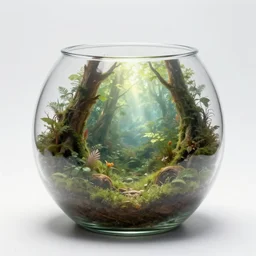 fantasy terrarium in a glass bowl, serene, ethereal, miniature forest, display, white background, photorealistic, close up, digital painting, godrays, trending on artstation