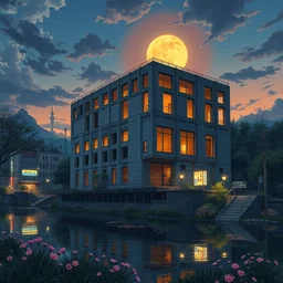 a beautiful hyperdetailed painting of basement unfinished building building by i. m. pei, at night landscape at dusk anime tokyo uv light hyperrealism reclaimed by nature neon signs morning sun flowers lake, archdaily, wallpaper, highly detailed, trending on artstation.