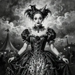 By Tom Bagshaw, ultra realist soft painting of a curiosities carnival by night, very beautiful female steampunk Clown in full gothic dress, symmetry accurate features, very intricate details, omnious sky, black and white, volumetric light clouds