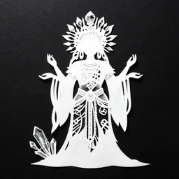 white on black background, concise, minimalist papercut painting, crystalline pagan deity, high definition, intricate, masterpiece