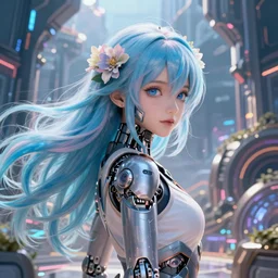 beautiful portrait of a sci woman with mecha implants with floral blue pastel flowy long hair facing the camera in the style of a code vein character, momo from twice in code vein in the style of wlop, artgerm, yasutomo oka, yuumei, rendered in unreal engine and redshift octane, background is surrounded by epic sci fi landscape by simon stalenhag, digital art dynamic dramatic lighting, soft lighting, imagine fx, artstation, cgsociety, by bandai namco artist, hi tech solarpunk
