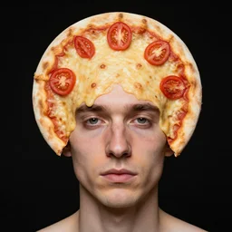 portrait of man with a rare facial deformity making the head a flat and circular disc, looking like a pizza, doughy skin with cheese - like structure, blemishes look like sliced tomatoes, soft lighting, sharp focus, highly symmetrical, black background, masterpiece, case documented by lisa kristine