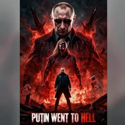 poster for the blockbuster movie putin went to hell, infernal art in good quality, scary picture in color, advanced lighting technology