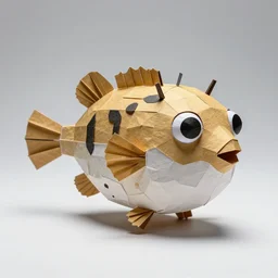 papercraft pufferfish, high detail photograph, full body, isolated on a pure white background, centered, entire subject in frame, sharp focus, soft studio lighting