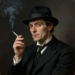portrait of the devil smoking a cigarette, in the dark, nicely dressed, and wearing a bolero hat, by nikolay makovsky.