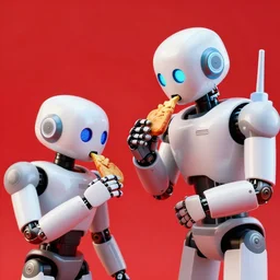 two robots eating, red background, vibrant colors, 8 k photorealistic, hd, high details, trending on artstation