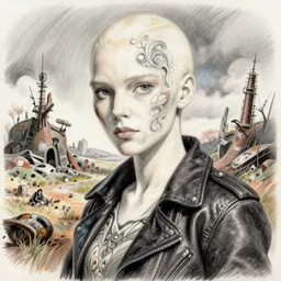 female albino scavenger in a post - apocalyptic landscape, leather jacket, finely illustrated face, highly detailed, colored pencil, studio ghibli, tankobon, in the style of ilya kuvshinov and krenz cushart and william - adolphe bouguereau and alphonse mucha