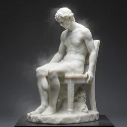 a sculpture of a person sitting on a top of the chair, a white marble sculpture covered with floating water by nicola samori, behance, neo - expressionism, marble sculpture, apocalypse art, made of mist