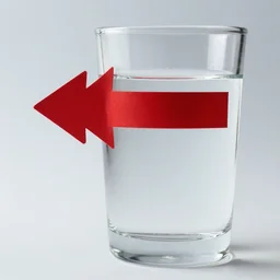 a red arrow points to the left, in front a glass full of water. we can see the arrow though the glass