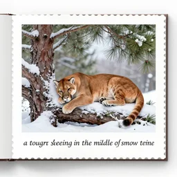 stamp book showing 'a cougar sleeping in the middle of snowy pine tree' laying on coffee table, zoomed out shot, HD, iphone capture