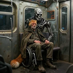movie poster of old homeless war disabled invalid fox in cape, half terminator, sitting in dirty cyberpunk subway car, intricate, image from new scifi from ilm and weta digital, painted by thomas eakins, highres textures, ambient occlusion, volumetric light, raytracing