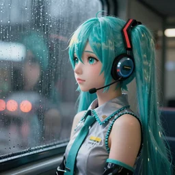 hatsune miku with headphones is looking at a rainy window in the style of a code vein character creation, cyberpunk art by Yuumei, cg society contest winner, rayonism light effects and bokeh, daz3d, vaporwave, deviantart hd