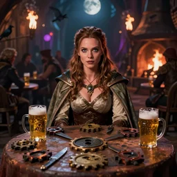 kate beckinsale sit behind round table with beer cogs, knives and lockpics, she is weared as fantasy thief in cape and light armor, she looks at front, eyes wide open, month slightly open, mystery and bare vision, dark medieval tavern with torches and fireplace, crowdy, bokeh effect, colorfull digital fantasy art, 4k
