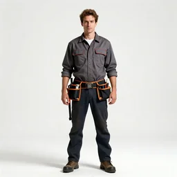 mysterious electrician with tool belt, photorealistic portrait photography, full body, standing, isolated on a pure white background, centered, whole figure in frame, sharp focus, studio lighting