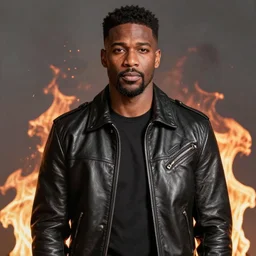 ray william johnson surrounded by flames and wearing a leather jacket