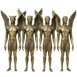 four living beings that looked human, 6 except that each had four faces and four wings. 7 their legs were straight, and their feet had hooves like those of a calf and shone like burnished bronze. 8 under each of their four wings i could see human hands