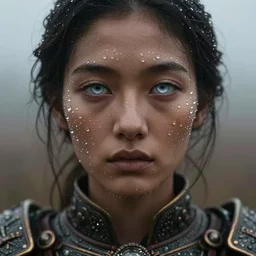 full shot of a regal brown / dark - toned woman wearing an intricate and detailed armor made of dew drops. dew drops around eyes. refracted light. morning dew. delicate. translucent. haunting eyes. vulnerable. fragile. ethereal. refracted light. by ray caesar. by louise dahl - wolfe. surreal photography.