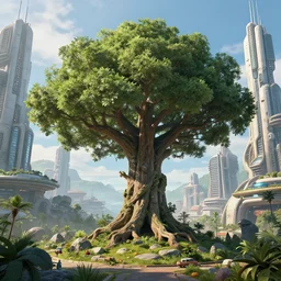 giant tree in the center of sci fi city