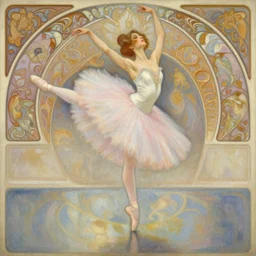 a beautifull intricate pastel painting of a dancing ballerina, reflexions, verry high details by william turner art, greg rutkowski and alphonse mucha, trending on artstation, very very detailed, masterpiece, muted colors