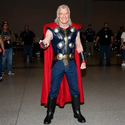 stan lee cosplaying as thor, dragoncon, 3 5 mm, f / 2. 8, flash photography, full length, full resolution