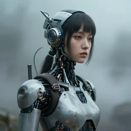 Fine art photography portrait of a solarpunk half robot half human girl, highly detailed photorealism, cinematic lighting, foggy background, 8k