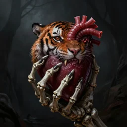 scary skeleton hand holding tiger heart, darkness, hyper realism, mystery, scared, fantasy, dark, highly detailed, digital painting, concept art, sharp focus, illustration, epic light, artstation