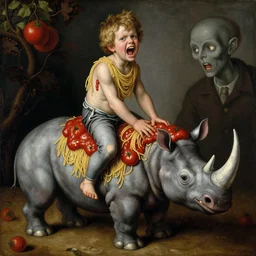 a boy made of spaghetti and tomato sauce riding on a giant rhino, looking straight into camera, screaming in pain, by giuseppe arcimboldo and ambrosius benson, renaissance, fruit, intricate and intense oil paint, a touch of beksinski and hr giger and edward munch, realistic