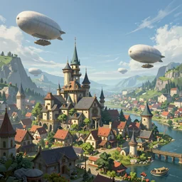 a low fantasy town with airships, 4 k, extremely detailed. award winning, trending on artstation, 8 k, ultra wide angle