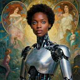 realistic detailed photorealistic film portrait shot of a beautiful black woman with a supercomputer robot, sci-fi landscape background by Denis Villeneuve, Amano, Yves Tanguy, Alphonse Mucha, Ernst Haeckel, Andrei Tarkovsky, Edward Robert Hughes, Roger Dean, rich moody colours, wide angle, blue eyes