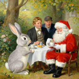 easter bunny and santa having tea at high noon, painting by gaston bussiere, craig mullins, j. c. leyendecker, norman rockwell