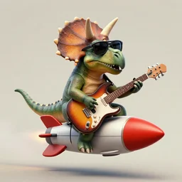 anthropomorphic triceratops wearing sunglasses riding on a rocket playing an electric guitar