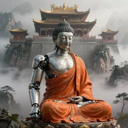a detailed robotic cyberpunk buddha with an orange robe, mystic atmosphere, a detailed temple on a misty mountain, volumetric fog, perspective painting, atmospheric shot, cinematic establishing shot, in the style of greg rutkowski, artstation,