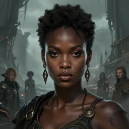 character concept art of a dark fantasy african ameircan female, key visual, realistic shaded perfect face, fine details, dystopian environment and background, by stanley artgerm lau, wlop, rossdraws, james jean, andrei riabovitchev, marc simonetti, and sakimichan, trending on artstation