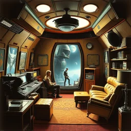 cozy stareship interior area. lived - in. mid century modern. ralph mcquarrie scenes. art by, keith parkinson, walter simonson, gerald brom, keith parkinson. cycles. r / retrobattlestations