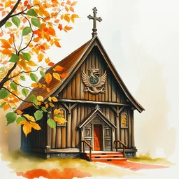 small centered on watercolor paper, paint brush strokes, abstract watercolor painting of traditional scandinavian wooden cathedral, viking dragon decor, translucent leaves, cinematic light, national romanticism by hans dahl, by jesper ejsing, by anders zorn, by greg rutkowski, by greg manchess, by tyler edlin