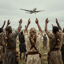 tribal worshippers raise their hands as a plane in the distance lands, epic scene, cinematic lighting, photorealistic, historical documentary, by greg rutkowski